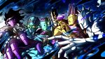  6+others absurdres black_hair blue_eyes blue_skin colored_skin diver_down_(stand) english_commentary fingerless_gloves fingernails foo_fighters_(stand) gloves glowing glowing_eyes green-framed_eyewear green-tinted_eyewear green_eyes green_skin highres jojo_no_kimyou_na_bouken kiss_(stand) multiple_others noonvincent open_mouth parted_lips purple_eyes purple_skin spikes stand_(jojo) star_platinum sticker stone_free stone_ocean teeth tinted_eyewear weather_report_(stand) white_skin yellow_skin 