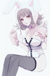  1girl animal_hat armlet bangs bare_shoulders black_leotard breasts bunny_hat cleavage closed_mouth collarbone danganronpa_(series) danganronpa_2:_goodbye_despair eyebrows_visible_through_hair feet_out_of_frame fishnets hat highres invisible_chair large_breasts leotard nanami_chiaki official_alternate_costume pink_eyes playboy_bunny sitting solo thighhighs wa_no_(shihashino) white_leotard 