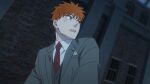  1boy bleach blood blood_on_clothes cosplay floppydisk7000 from_below green_jacket green_suit green_vest highres jacket kurosaki_ichigo looking_to_the_side male_focus necktie open_mouth orange_eyes orange_hair parody polka_dot_necktie red_necktie solo spy_x_family style_parody suit third-party_source twilight_(spy_x_family) twilight_(spy_x_family)_(cosplay) upper_body vest 