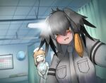  2girls bangs blonde_hair blue_eyes blurry blurry_background breast_pocket commentary_request depth_of_field grey_necktie grey_shirt happy_tears hat head_wings highres hospital ii_desu_ka_ochitsuite_kiite_kudasai_(meme) indoors japanese_otter_(kemono_friends) john_(a2556349) kemono_friends meme metal_gear_(series) metal_gear_solid_v multicolored_hair multiple_girls necktie nurse nurse_cap open_mouth orange_eyes parody pocket pov shirt shoebill_(kemono_friends) short_sleeves single_sidelock smile tearing_up tears two-tone_hair 