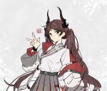  1girl absurdres alternate_costume arknights artist_name belt black_horns bracelet brown_hair chinese_clothes chinese_commentary chinese_text clothes_down commentary_request cowboy_shot demon_girl down_jacket expressionless five-fall grey_skirt highres horns jacket jewelry jieyun_(arknights) long_sleeves looking_at_viewer looking_to_the_side official_artist_extra pleated_skirt school_uniform shirt short_sleeves skirt solo twintails watermark weibo_username weibo_watermark white_jacket white_shirt 
