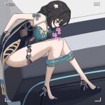  against_wall armpits black_hair blush breasts china_dress chinese_clothes chinese_knot cleavage closed_eyes clothing_cutout commentary_request dna dress hand_on_wall high_heels highres honkai:_star_rail honkai_(series) huge_breasts jewelry large_breasts leg_lock legs_apart long_hair maid necklace open_mouth oreon_z panties_around_thighs pearl_necklace qi_maid recording ruan_mei_(honkai:_star_rail) skirt_around_thighs spread_legs squatting viewfinder waist_cape yunjian 