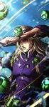  1boy absurdres arm_warmers artist_name beard belt belt_buckle blonde_hair book_cover_redraw brown_belt brown_cape brown_hat buckle cape commentary cowboy_hat derivative_work english_commentary facial_hair fingernails goggles goggles_on_headwear green_eyes green_lips gyro_zeppeli hands_up hat high_collar highres jojo_no_kimyou_na_bouken jojo_pose long_hair makeup male_focus noonvincent parted_lips purple_arm_warmers purple_shirt shirt signature sky solo sparkle steel_ball_(jojo) steel_ball_run teeth 