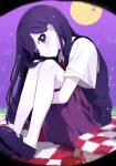  06ori 1girl :3 absurdres apple bare_arms bare_legs basket black_border blurry blurry_foreground border bug closed_mouth collared_shirt colored_skin commentary_request food foot_out_of_frame fruit grass hair_behind_ear hair_between_eyes hair_over_shoulder highres hugging_own_legs knees_up leaning_forward long_hair mari_(headspace)_(omori) mari_(omori) mary_janes medium_skirt neckerchief omori on_ground outdoors outline picnic_basket picnic_blanket pleated_skirt purple_eyes purple_hair purple_shoes purple_skirt purple_sky purple_sweater_vest red_neckerchief round_border shirt shoes short_sleeves sideways_glance sideways_mouth simple_background sitting skirt sky solo sparkle spider straight_hair sun sweater_vest swept_bangs tareme very_long_hair white_outline white_shirt white_skin 