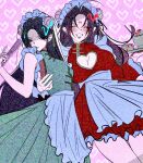  2girls :d ahoge apron arm_around_waist assssaint bindi black_hair blood_on_food blush bowl breasts bun_cover china_dress chinese_clothes cleavage cleavage_cutout closed_eyes clothing_cutout commentary_request curtained_hair dress dutch_angle folded_fan folding_fan frilled_apron frilled_dress frills genderswap genderswap_(mtf) green_dress hand_fan heart heart_background heart_cutout holding holding_fan holding_tray korean_commentary large_breasts long_dress long_hair long_sleeves luo_binghe maid maid_apron maid_headdress mandarin_collar multiple_girls parted_bangs parted_lips pink_background qi_maid red_dress renzha_fanpai_zijiu_xitong shaded_face shen_qingqiu short_dress sleeveless sleeveless_dress smile sweatdrop tray underbust very_long_hair waist_apron waitress 