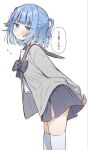  1girl aikawa_razu akagi_natsuichi arms_behind_back black_bow black_bowtie black_skirt blue_eyes blue_hair blush bow bowtie cardigan closed_mouth cowboy_shot flying_sweatdrops grey_cardigan highres kimi_to_board_game_ga_tsukuritai! leaning_forward long_sleeves looking_at_viewer medium_hair miniskirt open_cardigan open_clothes pleated_skirt school_uniform serafuku shirt shirt_overhang simple_background skirt sleeves_past_wrists solo speech_bubble standing sweatdrop thighhighs thought_bubble translated two_side_up v-shaped_eyebrows white_background white_shirt white_thighhighs zettai_ryouiki 