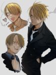  !? 4myaku1 :d blonde_hair expressions formal hair_over_one_eye hand_in_pocket highres male_focus multiple_views one_piece sanji simple_background smile smoking solo suit 