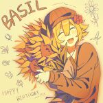  ! !! 1boy :d ^_^ basil_(birthday)_(omori) basil_(faraway)_(omori) basil_(omori) blonde_hair blush bouquet brown_cardigan brown_hat cactus cardigan center-flap_bangs character_name chinese_commentary closed_eyes collared_shirt commentary_request dated_commentary double-parted_bangs english_commentary english_text facing_ahead facing_up flipped_hair floral_background flower gardening_shears gladiolus hair_between_eyes hair_flower hair_ornament hand_up happy_birthday hat highres holding holding_bouquet leaf lily_of_the_valley lower_teeth_only male_focus mixed-language_commentary newsboy_cap official_alternate_costume omori onooo34145 open_cardigan open_clothes open_mouth outline pink_outline red_flower rose shears shirt short_hair sidelighting sidelocks simple_background smile solo sunflower teeth tongue tulip upper_body white_shirt yellow_background 