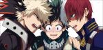  3boys bakugou_katsuki blonde_hair blue_eyes blush boku_no_hero_academia burn_scar freckles gloves green_eyes green_gloves green_hair grey_eyes hand_on_shoulder heterochromia highres looking_at_another male_focus mask mask_removed midoriya_izuku mkm_(mkm_storage) multicolored_hair multiple_boys open_mouth red_eyes red_hair scar scar_on_face signature simple_background spiked_hair sweatdrop teeth todoroki_shouto tongue two-tone_hair white_background white_hair 