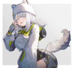  1girl animal_ears arknights arknights:_endfield bandaid bandaid_on_cheek bandaid_on_face blue_eyes cat_girl cat_tail commentary estella_(arknights) fingerless_gloves gloves grey_hair hat highres jacket kino_(m6t2a) long_hair long_sleeves open_mouth solo tail white_gloves white_hat white_jacket 