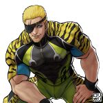  animal_print blonde_hair blue_eyes eyepatch facial_hair goatee highres jamrolypoly large_pectorals male_focus muscular muscular_male pants pectorals ramon_(kof) scar scar_across_eye scar_on_face shirt snk solo the_king_of_fighters the_king_of_fighters_xiv the_king_of_fighters_xv tiger_print track_pants white_background wristband 