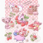  absurdres alternate_color border buneary cake celebi closed_mouth commentary_request flower food food_focus fruit green_eyes highres holding licking_lips macaron mareep minccino no_humans open_mouth pachirisu pawmi pie pink_background pokemon pokemon_(creature) pokemon_focus polka_dot polka_dot_background sasabunecafe shiny_pokemon smile strawberry strawberry_shortcake swiss_roll tongue tongue_out whipped_cream white_border 