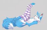 absurd_res anthro blue_body blue_eyes blue_fur clothing filoubee footwear fur hi_res legwear male pattern_clothing pattern_legwear pattern_stockings paws socks solo stockings striped_clothing striped_legwear striped_stockings stripes tongue tongue_out white_body white_fur