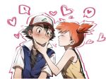  1boy 1girl aihara-rina ash_ketchum bare_shoulders black_hair black_shirt blue_jacket blush closed_eyes closed_mouth couple facing_another hand_on_another's_chin hashtag-only_commentary heart hetero high_side_ponytail highres imminent_kiss jacket looking_at_another misty_(pokemon) open_clothes open_jacket orange_hair pokemon pokemon_(anime) pokemon_(classic_anime) shirt short_hair short_sleeves simple_background spoken_heart suspenders tank_top upper_body white_background yellow_tank_top 