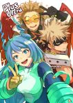  1girl 2boys ahoge anger_vein artist_name bakugou_katsuki bare_shoulders black_gloves blue_eyes blue_hair boku_no_hero_academia breasts brown_coat clenched_teeth coat drill_hair english_commentary english_text eyebrows_visible_through_hair facial_hair feathered_wings forehead fur_trim gloves goatee hadou_nejire hair_between_eyes hand_up hawks_(boku_no_hero_academia) kadeart large_breasts large_wings long_hair looking_at_viewer mask multiple_boys open_mouth red_eyes red_wings short_hair simple_background sparkle spiked_hair stubble teeth thai_commentary toned toned_male twin_drills upper_body upper_teeth white_background wings yellow_eyes yellow_gloves 