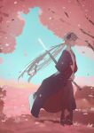  1girl absurdres cherry_blossoms commentary grey_hair guratanchikin hair_ornament hair_ribbon heaven_burns_red highres holding holding_sword holding_weapon ogasawara_hisame ribbon school_uniform sword twintails unsheathed weapon 