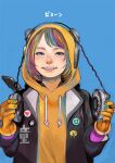  1girl absurdres badge bangs blue_background bob_cut button_badge gloves grin headphones highres holding holding_headphones hood hood_up hoodie jacket junjunforever multicolored_eyes multicolored_hair original rainbow_hair short_hair smile solo swept_bangs 