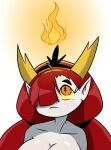  2020 big_breasts breasts crown demon disney female fire hair hair_over_eye hekapoo horn horned_humanoid humanoid humanoid_pointy_ears long_hair looking_up n-kosi one_eye_obstructed orange_eyes pupils red_hair simple_background slit_pupils solo star_vs._the_forces_of_evil tiara white_background white_body yellow_sclera 