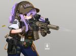  1girl absurdres ar-15 baseball_cap blue_pants blush brown_eyes brown_gloves brown_hat covered_mouth ear_protection finger_on_trigger freckles gloves grey_background gun hair_between_eyes handgun hat headset highres holding holding_gun holding_weapon holstered iwasawayuki long_hair original pants purple_hair rifle shell_casing shirt short_sleeves simple_background solo weapon white_shirt 