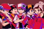  5boys baseball_cap black_hair brown_hair character_request commentary english_commentary ethan_(pokemon) feet_out_of_frame hat highres looking_at_viewer multiple_boys pokemon pokemon_adventures red_(pokemon) red_headwear shirt short_hair stardust_epic straight-on t-shirt upper_body victor_(pokemon) 