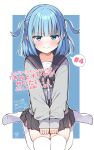  1girl absurdres aikawa_razu akagi_natsuichi black_bow black_bowtie black_sailor_collar black_skirt blue_background blue_eyes blue_hair blunt_bangs blush border bow bowtie cardigan closed_mouth collarbone commentary_request frown grey_cardigan highres kimi_to_board_game_ga_tsukuritai! knees_out_of_frame long_sleeves looking_at_viewer medium_hair miniskirt nervous_sweating no_shoes open_cardigan open_clothes outside_border pleated_skirt sailor_collar school_uniform serafuku shirt simple_background sitting skirt sleeves_past_wrists solo speech_bubble sweat thighhighs translation_request two_side_up v-shaped_eyebrows wariza white_border white_shirt white_thighhighs zettai_ryouiki 