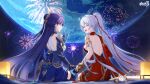  2girls aerial_fireworks ahoge backless_dress backless_outfit bare_shoulders black_gloves chinese_clothes chinese_commentary closed_mouth commentary_request detached_sleeves dress facing_another fireworks gloves grey_hair high_ponytail highres holding_hands honkai_(series) honkai_impact_3rd kiana_kaslana kiana_kaslana_(ba-dum!_fiery_wishing_star) long_hair long_sleeves looking_at_another multiple_girls open_mouth ponytail purple_hair raiden_mei raiden_mei_(xentinel:_dawnbearing_crescent) sitting smile very_long_hair 