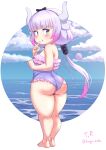  1girl absurdres ass barefoot beads black_bow blue_eyes blush_stickers bow casual_one-piece_swimsuit eyebrows_visible_through_hair from_behind full_body gradient_hair hair_beads hair_bow hair_ornament highres kanna_kamui kobayashi-san_chi_no_maidragon looking_back multicolored_hair one-piece_swimsuit pink_hair purple_hair signature solo standing swimsuit triagorodri 