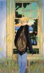  1boy backpack bag black_shirt blonde_hair feleven highres long_sleeves looking_at_viewer looking_back male_focus one_piece plant sanji shirt solo window windowsill 