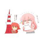  >_< 2girls blush_stickers bocchi_the_rock! bow brown_shirt chibi closed_eyes commentary_request cropped_torso cube_hair_ornament gotoh_hitori grey_skirt hair_ornament holding jacket kita_ikuyo long_hair multiple_girls one_side_up open_mouth pink_hair pink_jacket pleated_skirt rebecca_(keinelove) red_bow red_hair sailor_collar shirt simple_background skirt tokyo_tower track_jacket translation_request very_long_hair wavy_mouth white_background white_sailor_collar 