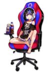  1girl :3 artist_request bangs barefoot black_hair black_shirt blue_eyes blue_hair blue_nails candy chair controller drink eyebrows_visible_through_hair feet food gaming_chair hair_ornament hairpin headphones himekawa_hibiki looking_at_viewer mahjong_soul multicolored_hair off_shoulder official_art plastic_bottle pocky pocky_in_mouth shirt simple_background sitting soda_bottle transparent_background yostar 