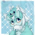  animal animalization aqua_fur blue_background blue_eyes blue_theme border chinese_commentary closed_mouth commentary_request dual_persona grey_border leaf looking_at_viewer no_humans outline outside_border patterned_background plant plants_vs._zombies plants_vs._zombies_2 simple_background smile solid_oval_eyes tareme veghia white_outline winter-mint_(plants_vs._zombies) wolf 