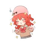  >_< 1girl animal animal_on_head blush bocchi_the_rock! bow bowtie brown_shirt chibi chibi_only closed_eyes commentary_request flying_sweatdrops gotoh_hitori gotoh_hitori_(octopus) gotoh_hitori_(tsuchinoko) holding holding_animal kita_ikuyo long_hair long_sleeves on_head one_side_up open_mouth rebecca_(keinelove) red_bow red_bowtie red_hair shirt simple_background smile sparkle tsuchinoko upper_body white_background 