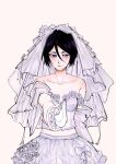  1girl bare_shoulders bleach bleach:_sennen_kessen-hen breasts bridal_veil cleavage collarbone commentary_request corset foreshortening hair_between_eyes highres holding holding_sword holding_weapon kuchiki_rukia midriff pov purple_eyes purple_hair short_hair silegesi skirt small_breasts smile sode_no_shirayuki_(shikai) solo straight-on sword upper_body veil weapon white_corset white_skirt zanpakutou 