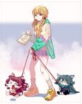  3girls animal_ears bag biting_own_lip blonde_hair blue_eyes braid chibi closed_mouth dog_ears dog_girl dog_tail dripping_eye frown fujita_kotone gakuen_idolmaster green_eyes green_hair hanami_saki highres holding holding_bag holding_leash idolmaster jacket kemonomimi_mode leash long_hair long_sleeves miniskirt motion_lines multiple_girls open_clothes open_jacket open_mouth pleated_skirt pyopyo red_hair running shirt shoes shopping_bag sitting skirt smile sneakers socks speed_lines standing tail trembling tsukimura_temari twin_braids yellow_eyes yellow_shirt yellow_shoes 