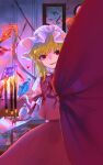  1girl bangs blonde_hair blood bow bowtie candle commentary cowboy_shot crystal cup curtains fang fire flame flandre_scarlet food glowing hat highres jar looking_at_viewer medium_hair mob_cap painting_(object) parted_lips puffy_short_sleeves puffy_sleeves red_bow red_bowtie red_eyes red_ribbon red_skirt red_vest ribbon ringocha short_sleeves skirt skirt_set smile solo spill sweets table teacup teapot teeth touhou upper_teeth vest white_headwear wings 