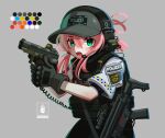  1girl absurdres black_vest bulletproof_vest color_guide commentary_request finger_on_trigger germany gloves goggles green_eyes grey_background grey_gloves grey_hat gun h&amp;k_mp5 hair_between_eyes handgun hat headphones highres holding holding_gun holding_weapon iwasawayuki long_hair looking_at_viewer microphone open_mouth original pink_hair police police_uniform rain scope short_sleeves sidelocks simple_background solo submachine_gun upper_body vest walther_ppq weapon 