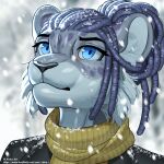  anthro blue_eyes bust_portrait dreadlocks felid feline female hi_res legend_of_ahya leopard mammal natalia_ruyemov_(darkflamewolf) pantherine portrait riska_(artist) scarf snow snow_leopard snowflake snowing solo 