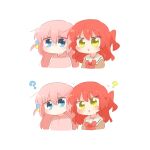  2girls :d ? blue_eyes blush_stickers bocchi_the_rock! bow brown_shirt chibi commentary_request cropped_torso cube_hair_ornament gotoh_hitori hair_between_eyes hair_ornament head_tilt jacket kita_ikuyo multiple_girls one_side_up pink_hair pink_jacket rebecca_(keinelove) red_bow red_hair sailor_collar school_uniform serafuku shirt simple_background smile track_jacket upper_body white_background white_sailor_collar yellow_eyes 