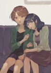  2girls :o absurdres ageharuuu arm_hug black_shirt black_shorts blue_eyes blue_hair brown_hair clenched_hands closed_mouth collarbone commentary_request couch curtained_hair double-parted_bangs dress feet_out_of_frame food food_in_mouth green_jacket grey_background grey_jacket hanayagi_kaoruko hands_on_another's_arm head_on_another's_shoulder highres isurugi_futaba jacket knees_together_feet_apart leaning_on_person leaning_to_the_side looking_ahead looking_at_another medium_hair multiple_girls on_couch open_clothes open_jacket open_mouth parted_bangs pocky pocky_in_mouth purple_dress purple_eyes shirt short_hair shorts shoujo_kageki_revue_starlight side-by-side single_sidelock sitting teeth three-quarter_sleeves upper_teeth_only yuri 