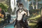  2022 anthro artist_name black_body black_fur canid canine canis clothed clothing day detailed_background digital_media_(artwork) fur grass grey_body grey_fur hi_res holding_object holding_spear holding_weapon jewelry looking_at_viewer male mammal melee_weapon necklace outside plant polearm rhythmpopfox solo spear topless tree water weapon white_body white_fur wolf 