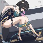  against_wall armpits black_hair blush breasts china_dress chinese_clothes chinese_knot cleavage closed_eyes clothing_cutout commentary_request dna dress dripping fountain hand_on_wall high_heels highres honkai:_star_rail honkai_(series) huge_breasts jewelry large_breasts leg_lock legs_apart long_hair maid necklace open_mouth oreon_z panties_around_thighs pearl_necklace pee projectile_pee qi_maid recording ruan_mei_(honkai:_star_rail) skirt_around_thighs spread_legs squatting sweat very_sweaty viewfinder waist_cape wet yunjian 