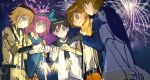  2girls 4boys :< :d aerial_fireworks alternate_costume antenna_hair arms_behind_back aubrey_(faraway)_(omori) aubrey_(omori) bare_arms basil_(faraway)_(omori) basil_(omori) belt black_belt black_eyes black_gloves black_hair black_hat black_hood black_pants blonde_hair blue_eyes blue_hairband blue_jacket blue_vest bow_hairband bright_pupils brothers brown_hair buttons chinese_commentary closed_mouth collared_shirt commentary_request composition_c3 cowboy_shot dark-skinned_male dark_skin double-parted_bangs dress fireworks flipped_hair flower frown ghost_girl gloves grin hair_behind_ear hair_between_eyes hairband hat hat_flower hero_(faraway)_(omori) hero_(omori) highres holding holding_fireworks hood hood_down hooded_jacket jacket kel_(faraway)_(omori) kel_(omori) long_hair long_sleeves looking_at_another looking_at_object looking_down mari_(omori) mari_(spirit)_(omori) multiple_boys multiple_girls night no_nose omori open_mouth orange_pants orange_scarf outdoors pants pink_hair pocket profile puffy_long_sleeves puffy_sleeves purple_sky red_flower scarf see-through_body shirt short_hair short_sleeves siblings sidelocks simple_background sky smile sparkler spoilers standing sunny_(omori) suspenders tareme three-quarter_sleeves underlighting v_arms very_short_hair vest white_dress white_jacket white_pupils yellow_pants yellow_shirt 