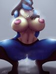  3:4 absurd_res anthro big_breasts bodily_fluids breasts crouching female genital_fluids genitals hi_res lucario mrundead nintendo pok&eacute;mon pok&eacute;mon_(species) pussy pussy_juice solo tongue tongue_out video_games 