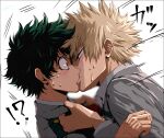  !? 2boys bakugou_katsuki blazer blonde_hair blush boku_no_hero_academia freckles green_eyes green_hair jacket kiss male_focus midoriya_izuku mkm_(mkm_storage) multiple_boys necktie red_eyes school_uniform shirt signature simple_background spiked_hair sweatdrop u.a._school_uniform white_background white_shirt yaoi 