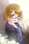  1girl :d absurdres black_legwear blazer blue_bow blue_bowtie bow bowtie brown_hair diagonal-striped_bow diagonal-striped_neckwear diagonal_stripes fuyuu310 glasses highres jacket koizumi_hanayo long_sleeves looking_at_viewer love_live! love_live!_school_idol_project medium_hair open_mouth otonokizaka_school_uniform pantyhose purple_eyes school_uniform semi-rimless_eyewear shiny shiny_hair sitting smile solo striped under-rim_eyewear 