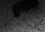  2boys ace_of_diamond adam's_apple bite_mark bite_mark_on_shoulder blush closed_eyes clothes_down commentary greyscale hand_on_another's_shoulder hands_on_another's_back hickey male_focus miyuki_kazuya monochrome multiple_boys nian_rt open_mouth sawamura_eijun short_hair untranslatable_commentary yaoi 