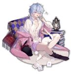  1boy animal_ears artist_request blue_hair book cardigan collarbone crossed_legs lantern mahjong_soul male_focus official_art one_eye_closed open_mouth partially_unbuttoned pillow ponytail purple_eyes rabbit_ears rug ryan_(mahjong_soul) shirt short_shorts shorts simple_background sitting sleepy socks solo tassel white_shirt yostar 