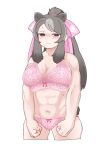  1girl abs animal_ears bear_ears bear_girl bear_tail bergman's_bear_(kemono_friends) blush bow bra breasts clenched_hands closed_mouth commentary_request cowboy_shot cropped_legs embarrassed empty_eyes extra_ears furrowed_brow grey_background grey_hair groin_tendon hair_bow half-closed_eyes highres kemono_friends kemono_friends_3 large_breasts legs_apart long_hair looking_at_viewer multicolored_hair muscular muscular_female navel nose_blush panties parsley_(simonov1941) parted_bangs pink_bra pink_panties short_tail simple_background solo stomach sweat tail two-tone_hair underwear underwear_only 