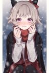  1girl absurdres animal_ears bangs black_jacket blush closed_mouth cold curren_chan_(umamusume) ear_bow grey_hair hands_up highres horse_ears jacket jacket_on_shoulders long_sleeves looking_at_viewer nose_blush purple_eyes scarf short_hair sleeves_past_wrists smile snow solo twitter_username umamusume wa. 