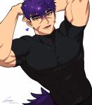  1boy abs absurdres bara biceps ear_piercing earrings heart highres jewelry looking_at_viewer male_focus manly muscular muscular_male ninetyyou original pectorals piercing purple_hair scar scar_on_face shirt slit_pupils smile solo t-shirt tail thick_arms tight tusks yellow_eyes 